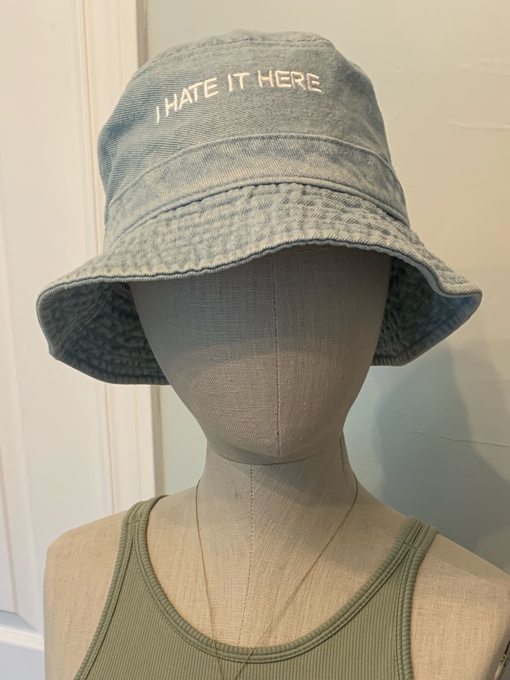 Intentionally Blank “I Hate It Here” Light denim bucket hat